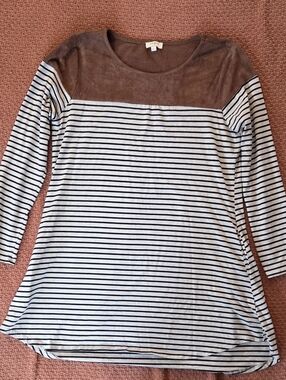Umgee USA Striped Tunic Dress Top Brown Faux Suede Detail Size L